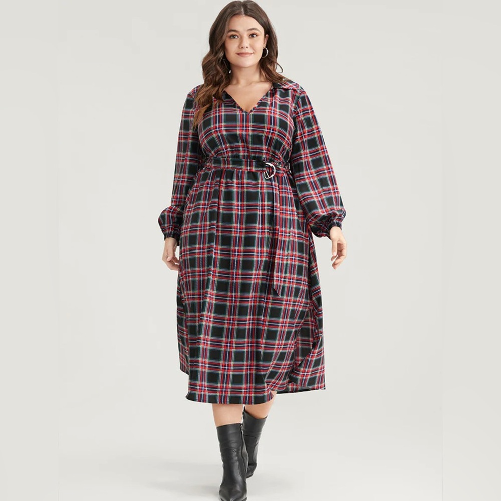 BloomChic Tartan Lantern Sleeve Pocket Belted Midi Dress
